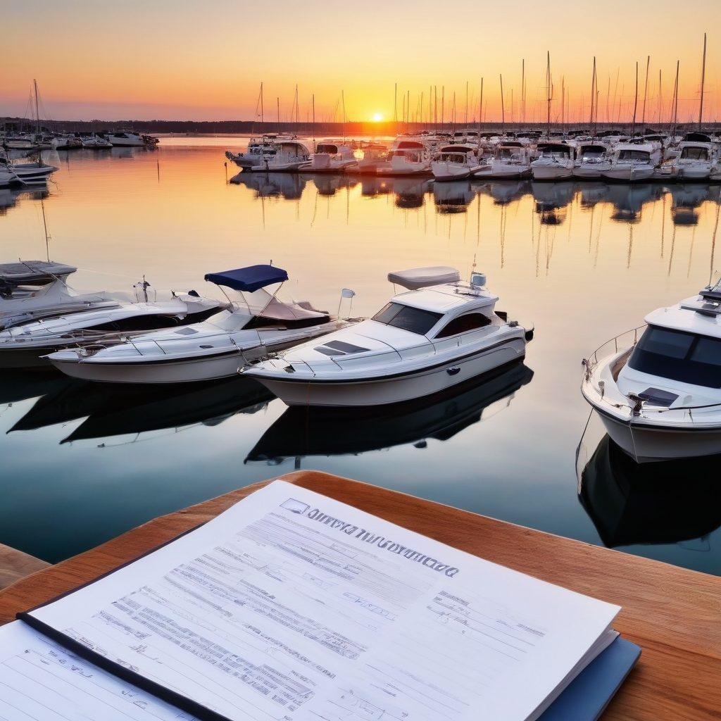 A serene marina at sunset with various boats docked, showcasing different styles and sizes. In the foreground, an open insurance policy booklet with highlighted sections and a calculator beside it. Include a notepad with handwritten tips about boat insurance. The scene should evoke a sense of calm and security, emphasizing the importance of the right insurance. super-realistic. vibrant colors. warm lighting.