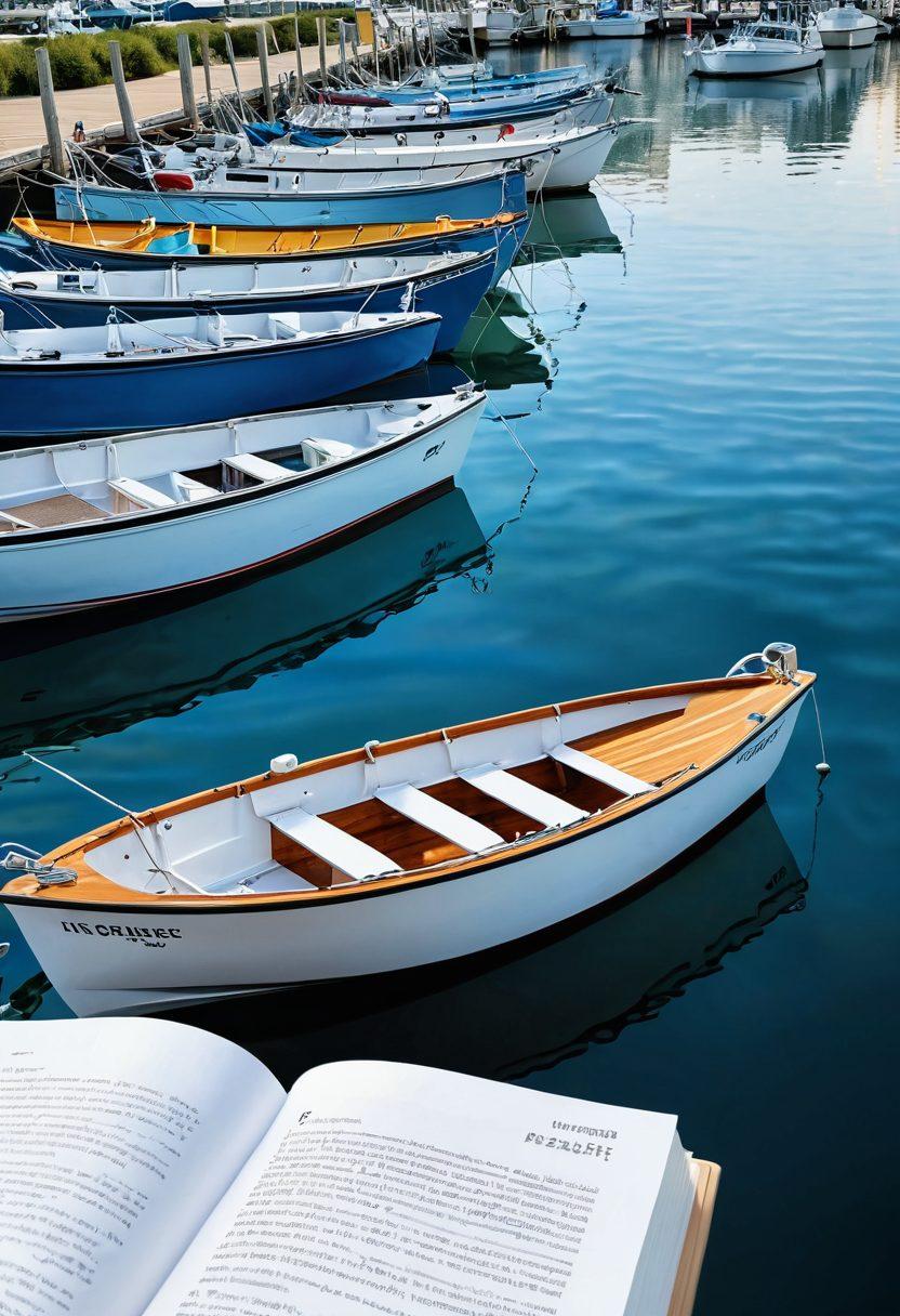 A serene marina scene with various boats of different sizes docked peacefully, sunlight glistening on the water. In the foreground, a detailed open guidebook showcasing boat insurance options with illustrations of coverage details, while a calming wave pattern flows in the background. A hopeful, guiding compass motif subtly integrated into the design. vibrant colors. realistic style. high detail.