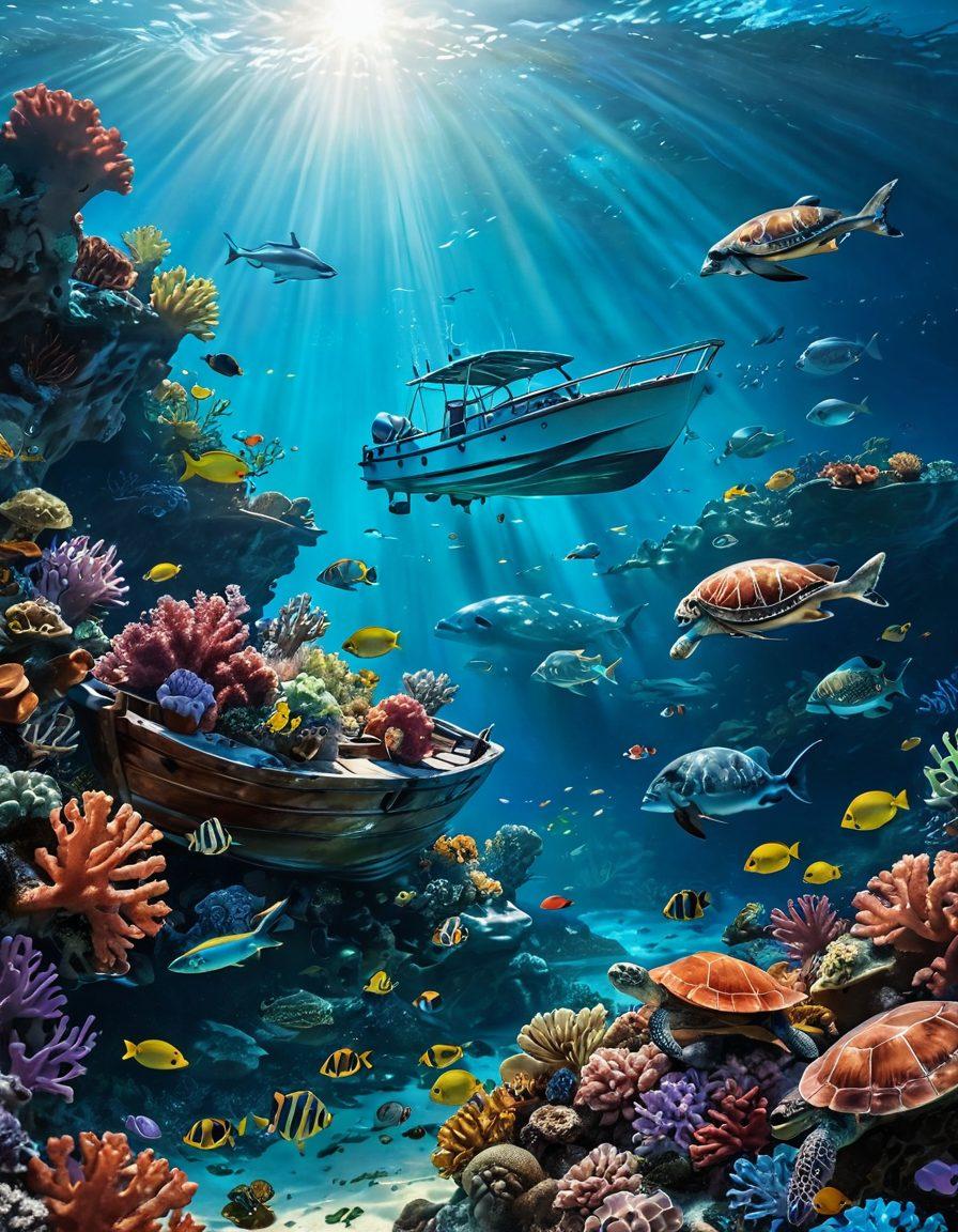 An underwater scene showcasing a diverse range of marine life, with a sturdy boat anchored above, surrounded by vibrant coral reefs and sea creatures like fish and turtles. Incorporate visual elements representing insurance protection, such as shields or lifebuoys, subtly integrated into the marine surroundings. The sunlight filtering through the water creates a serene and protective ambiance. super-realistic. vibrant colors. 3D.